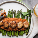 Beer-Brined Scallops Over Asparagus With Stout Romesco